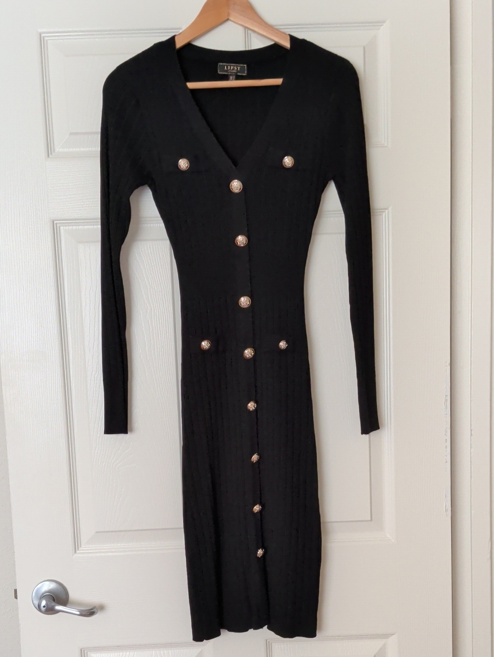 Lipsy Black Ribbed Long-Sleeve Button-Down Dress